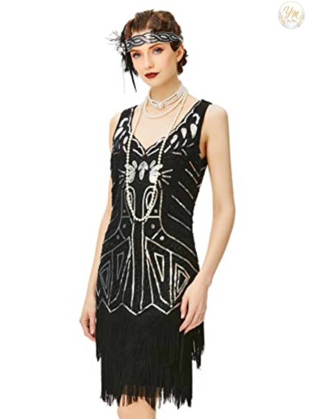 Beaded Fringe Sequin Flapper Dress 1920s Gatsby V Neck Costume